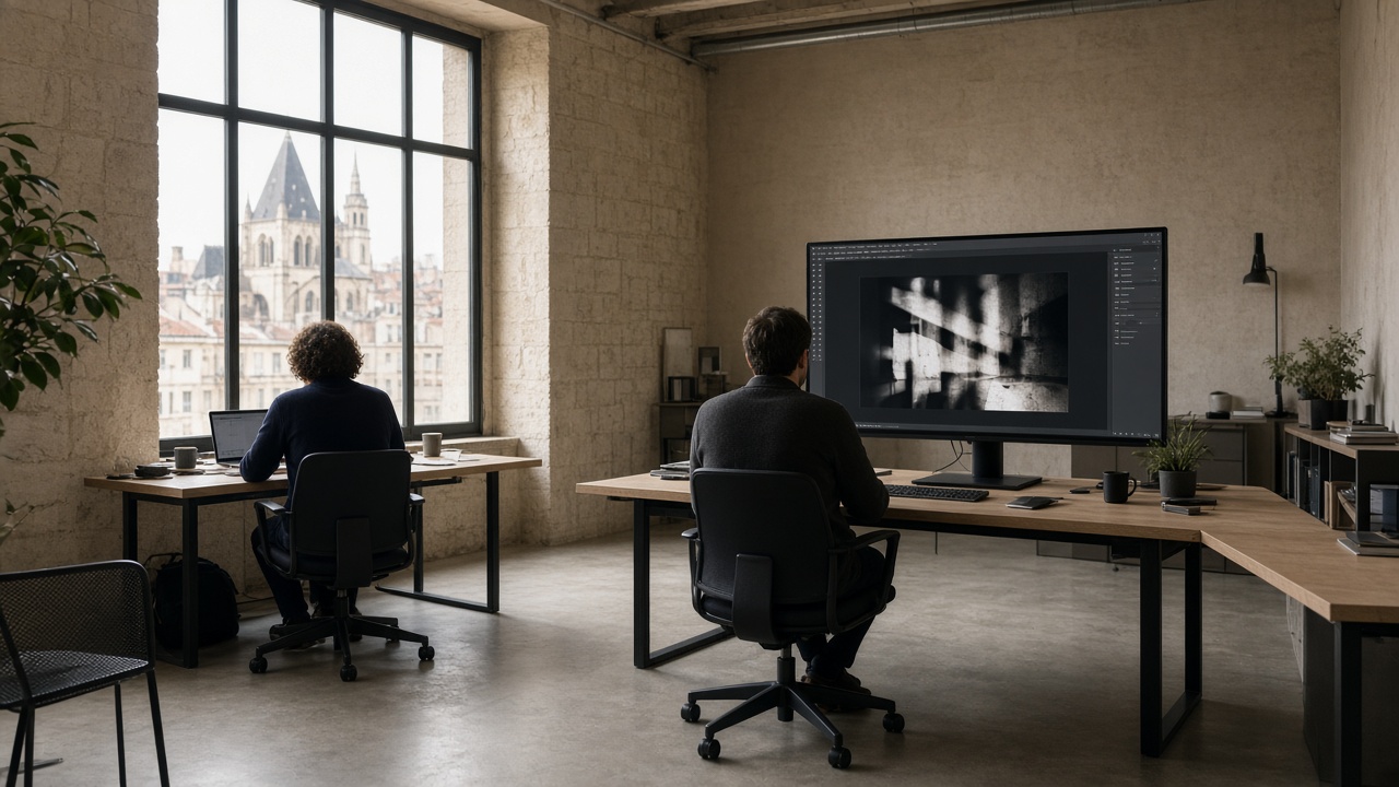 Studio produit : un écran affiche le canevas 16:9 de Lumo